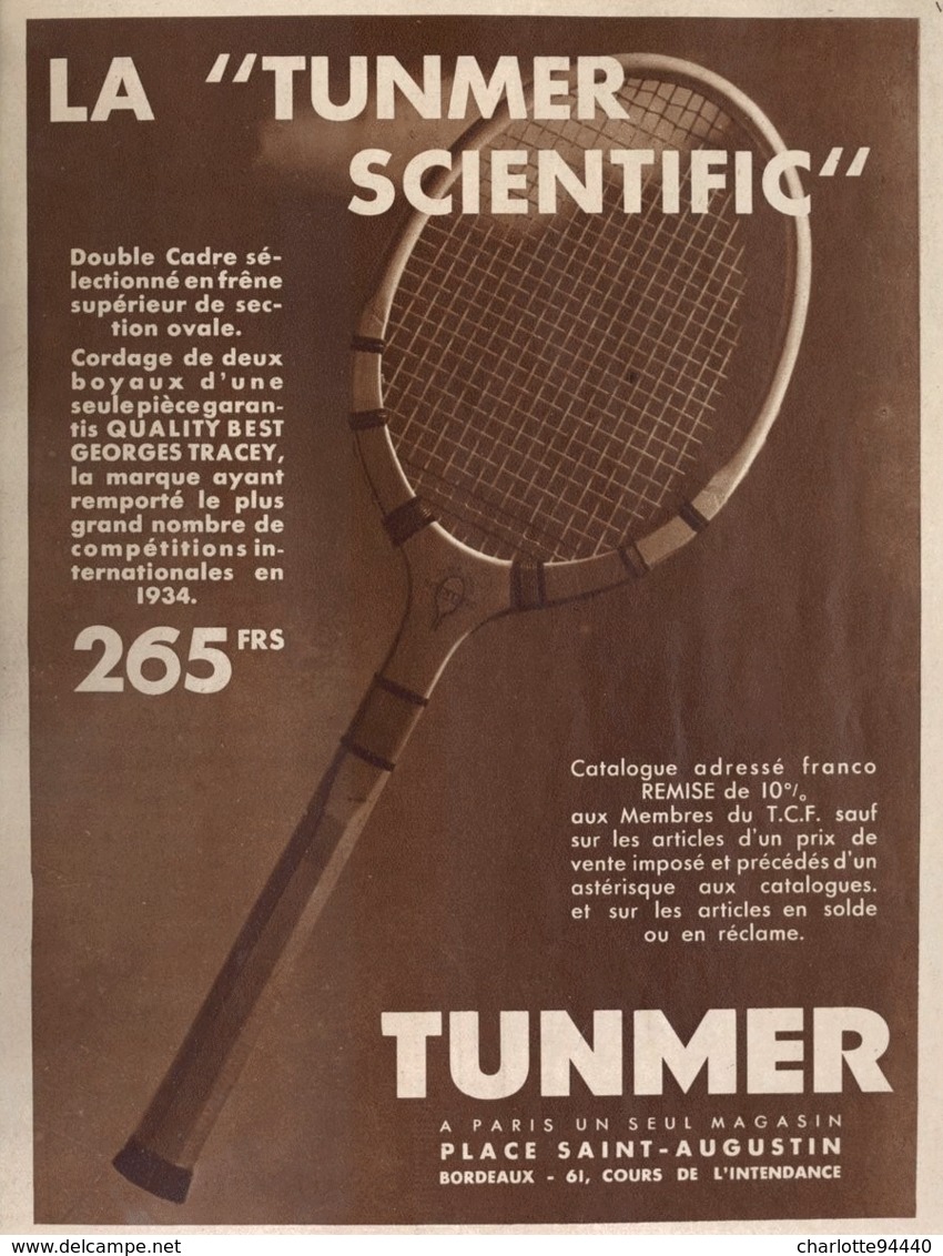PUB RAQUETTES   " TUNMER "   1935 - Other & Unclassified
