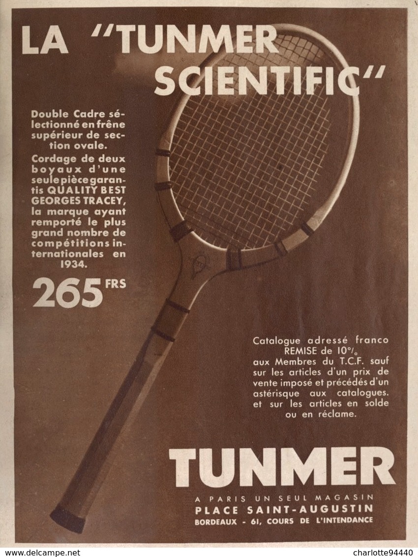 PUB RAQUETTES   " TUNMER "   1935 - Autres & Non Classés