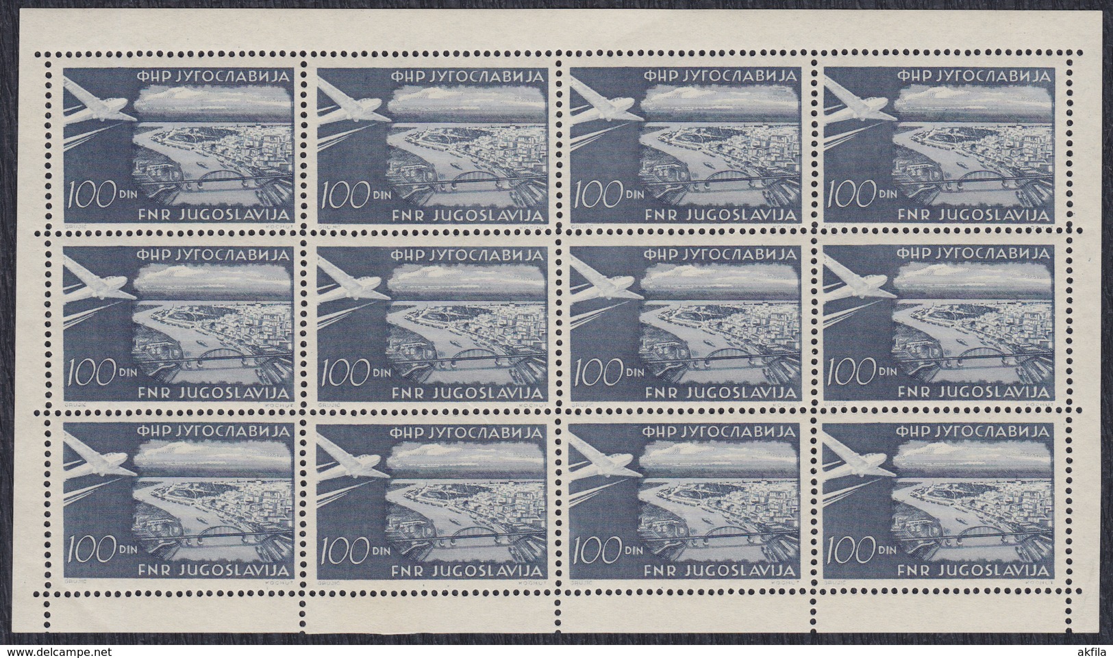Yugoslavia 1951 Airmail Definitive Of 100 Din, Sheet Of 12, MNH (**) Michel 652 D - Blocks & Sheetlets