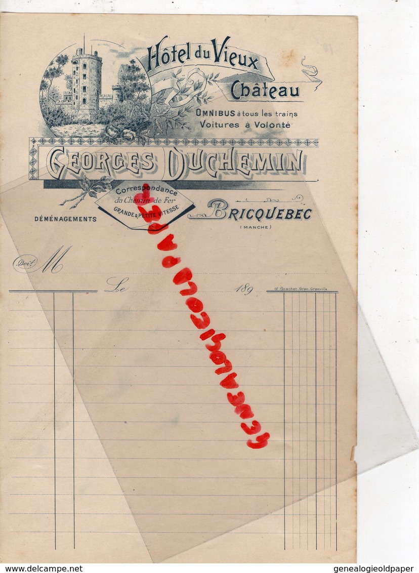 50- BRICQUEBEC - RARE LETTRE HOTEL DU VIEUX CHATEAU GEORGES DUCHEMIN- OMNIBUS A TOUS LES TRAINS-1890 - 1800 – 1899