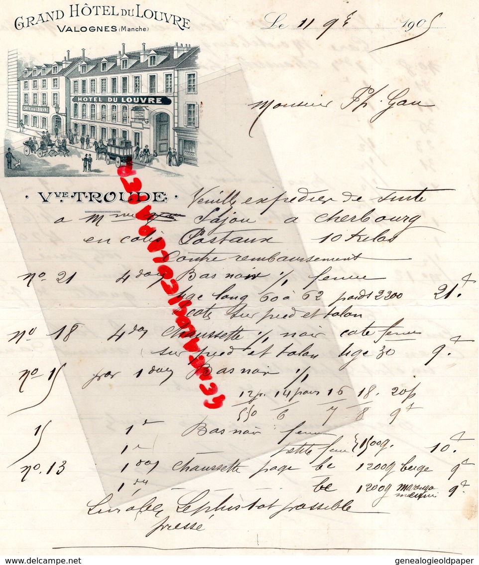 50- VALOGNES- RARE LETTRE GRAND HOTEL DU LOUVRE- VVE TROUDE - 1905 - Artigianato