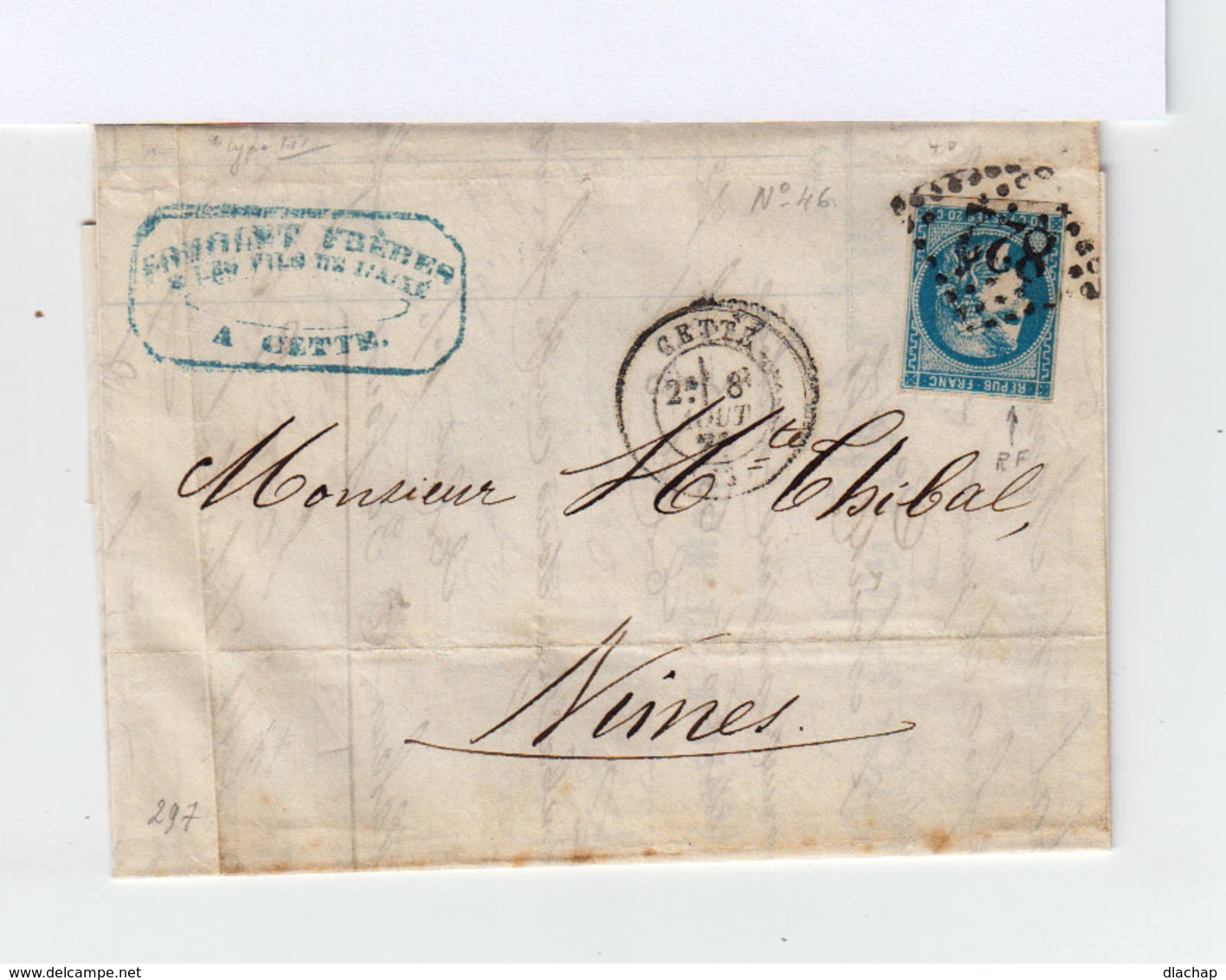 Sur Lettre Type Céres 20 C. Bleu 1871 émission De Bordeaux  Oblitéré Losange.CAD Cette. (844) - 1849-1876: Période Classique