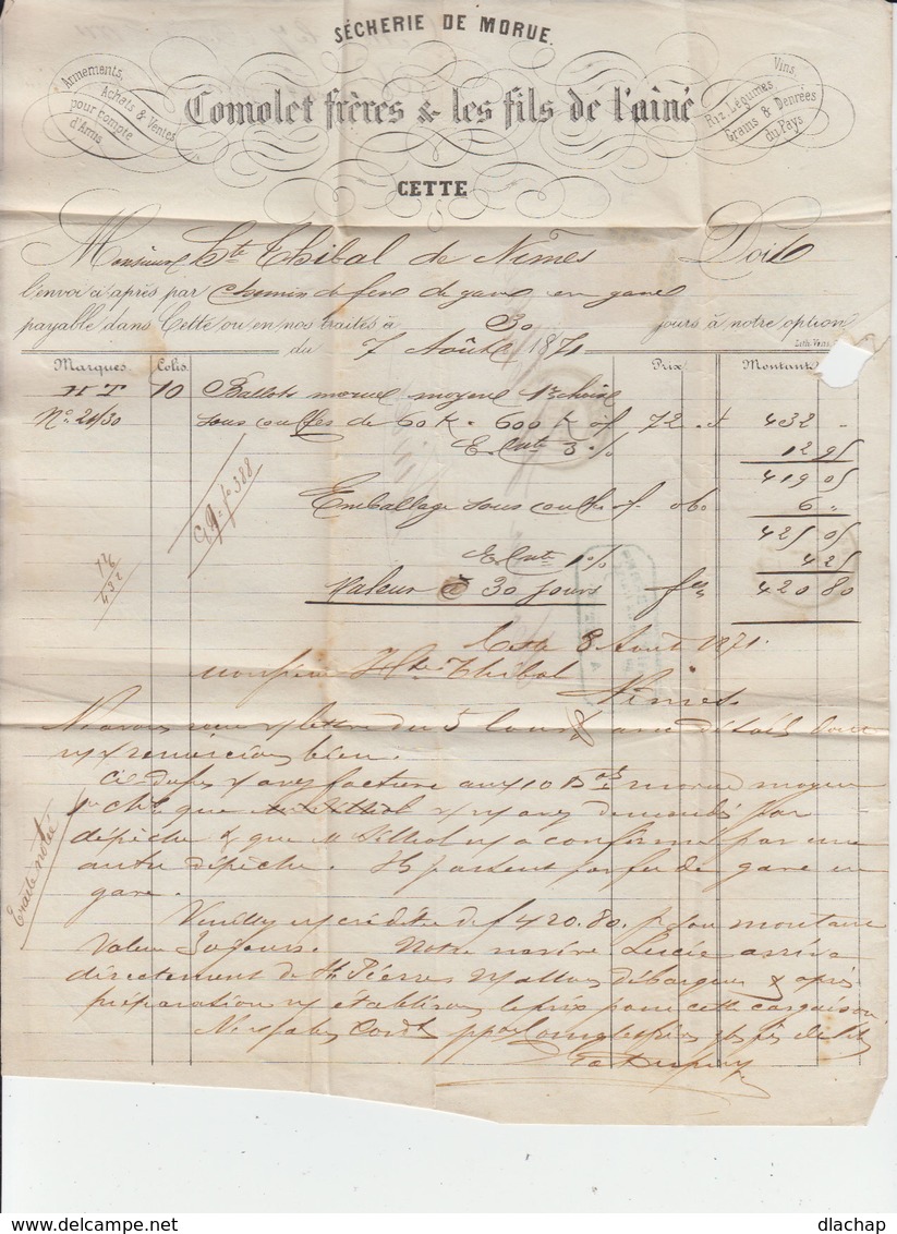 Sur Lettre Type Céres 20 C. Bleu 1871 émission De Bordeaux  Oblitéré Losange.CAD Cette. (844) - 1849-1876: Période Classique