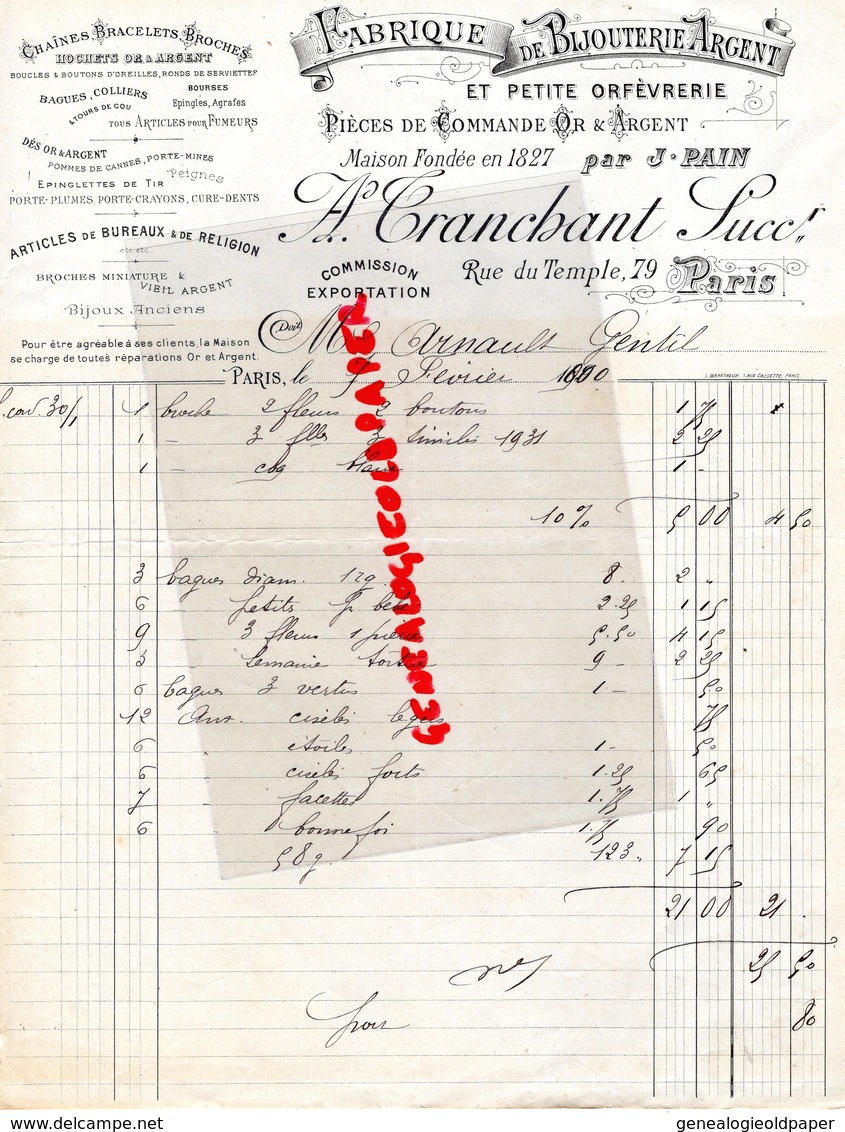 75- PARIS- RARE LETTRE A. TRANCHANT -J. PAIN MAISON FONDEE 1827- FABRIQUE BIJOUTERIE-BIJOUTIER-79 RUE TEMPLE-1890 - 1800 – 1899
