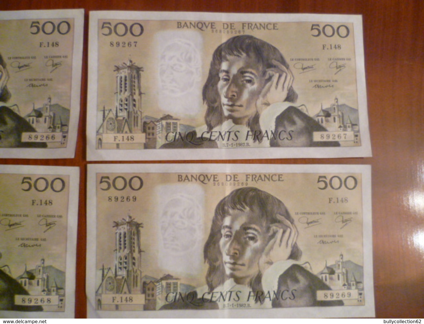 FRANCE 10 Billets De Banque De 500 Francs PASCAL Année 1982 B.7-1-1982.B. F.148 N° 89266 A 89275 (bon état) - 500 F 1968-1993 ''Pascal''