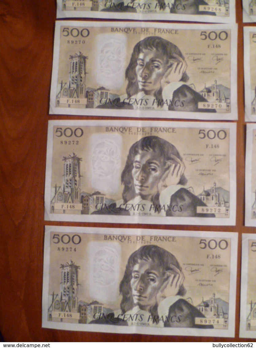 FRANCE 10 Billets De Banque De 500 Francs PASCAL Année 1982 B.7-1-1982.B. F.148 N° 89266 A 89275 (bon état) - 500 F 1968-1993 ''Pascal''