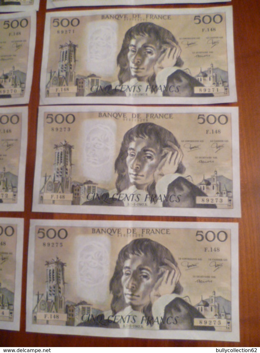 FRANCE 10 Billets De Banque De 500 Francs PASCAL Année 1982 B.7-1-1982.B. F.148 N° 89266 A 89275 (bon état) - 500 F 1968-1993 ''Pascal''