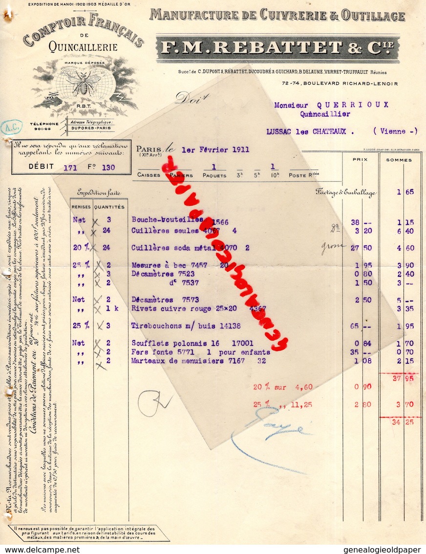 75- PARIS-FACTURE  F.M. REBATTET- MANUFACTURE CUIVRERIE OUTILLAGE-CUIVRE-QUINCAILLERIE-72 BD RICHARD LENOIR-1911 - Artigianato