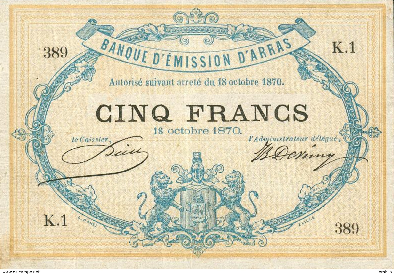 5 FRANCS BANQUE D'EMISSION D'ARRAS - GUERRE FRANCO-ALLEMANDE - 1870 - ...-1889 Anciens Francs Circulés Au XIXème