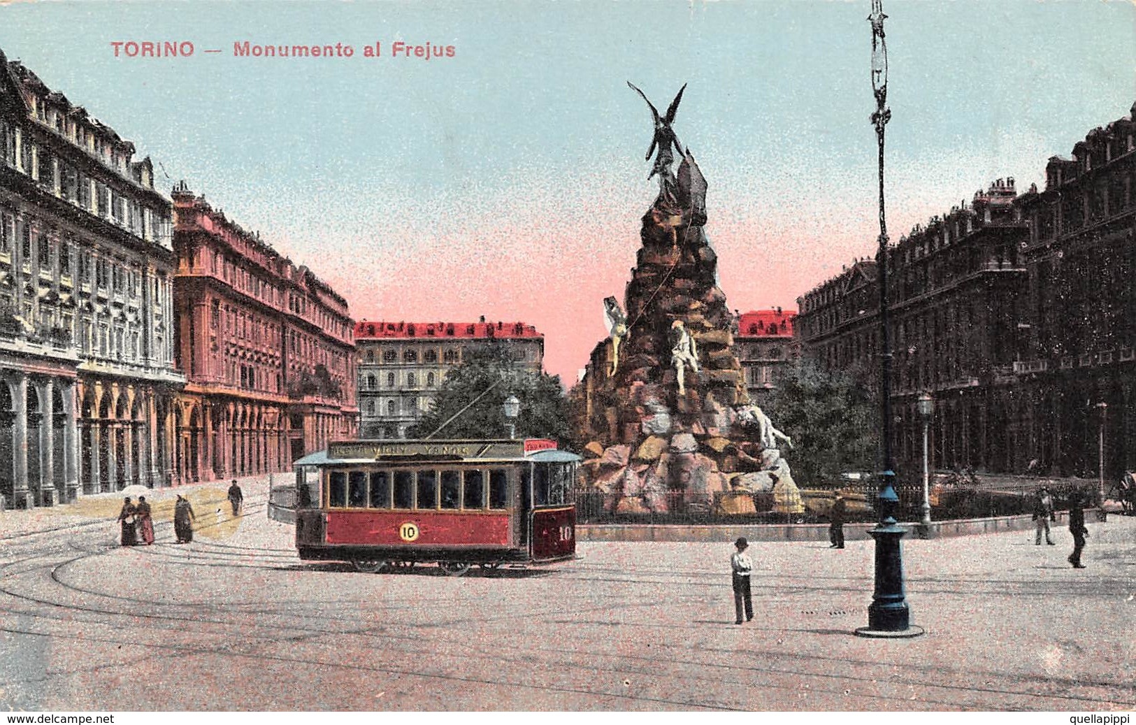 08792 "TORINO - MONUMENTO FREJUS" ANIMATA, TRAMWAY NR. 10. CART SPED 1916 - Places & Squares