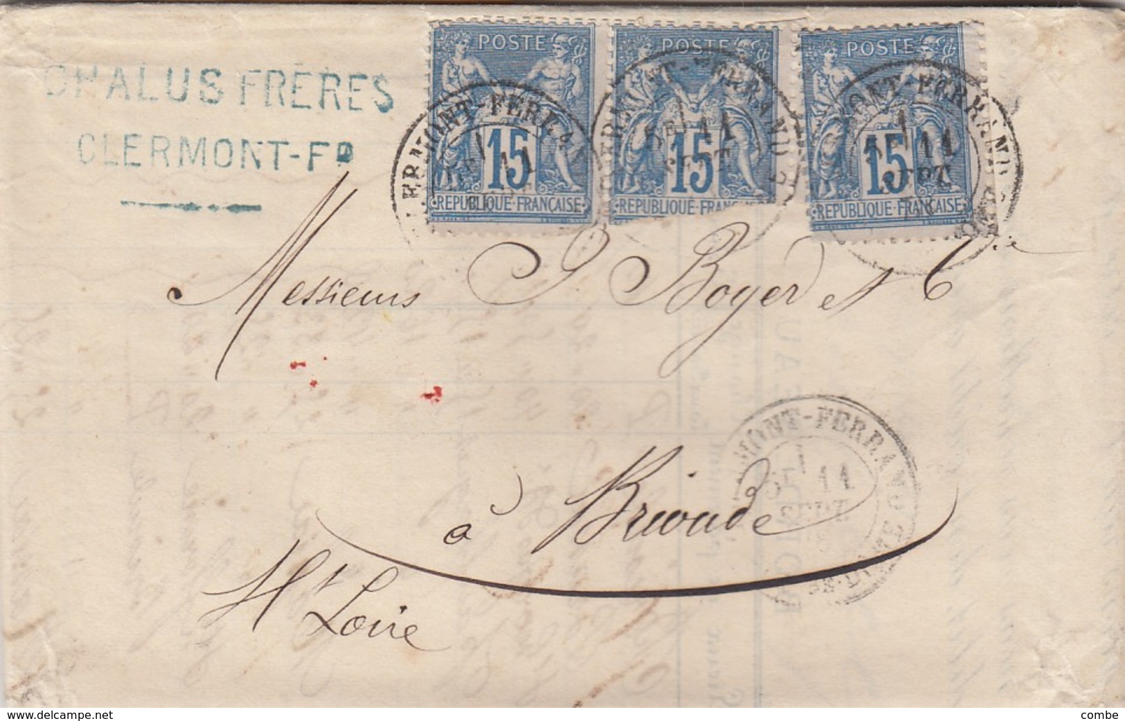 LETTRE. 11 SEPT 78. SAGE 15c X 3 . CHALUS-FRERES CLERMONT-FERRAND POUR BRIOUDE HAUTE LOIRE   /  3 - 1877-1920: Semi Modern Period