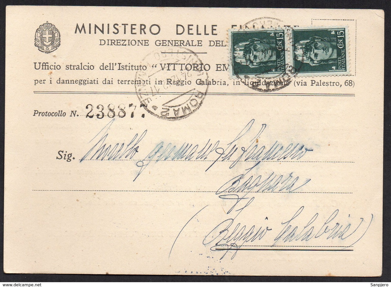 ITALY ITALIA ITALIEN 1942. POSTCARD CARTOLINA, ROMA REGGIO CALABRIA - Sonstige & Ohne Zuordnung