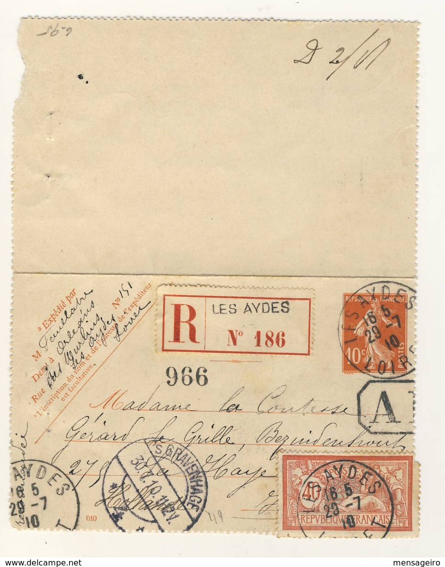 (C15) - SEMEUSE CARTE LETTRE N°135 OU 138-CLx + MERSON 119 RECOMMANDEE LES AYDES LOIRET =>PAYS BAS 1910 TARIF 01/05/1910 - Lettres & Documents