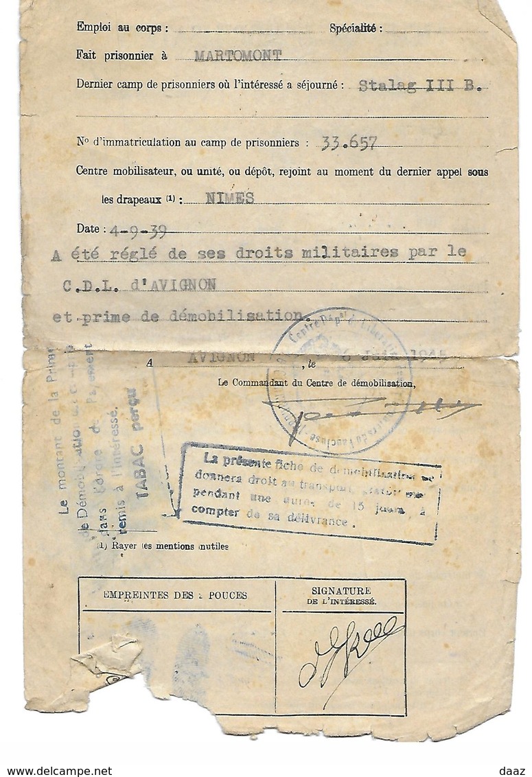 Lot De 4 Documents Soldat  Prisonnier Français Stalag III B  Guerre 40-45 Avignon - Dokumente