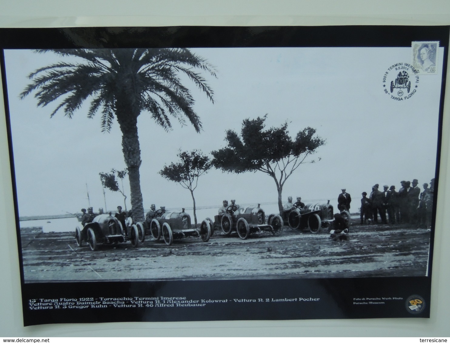 B3  AUSTRO DAILMER SASCHA TARGA FLORIO 1922 TERMINI IMERESE PHOTO PORSCHE MUSEUM Annullo Poster Plastificato - Manifesti