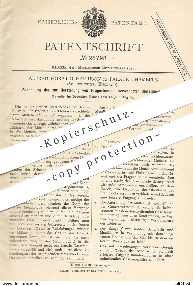 Original Patent - Alfred Horatio Harrison , Palace Chambers , Westminster , England , 1883 , Metallblock Für Stempel !! - Historische Documenten