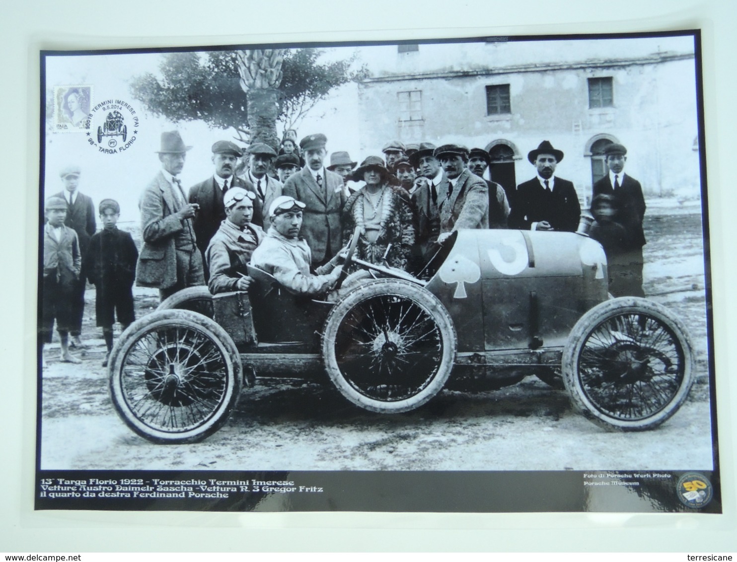 B3 AUSTRO DAILMER SASCHA TARGA FLORIO 1922  TERMINI BIG PHOTO PORSCHE MUSEUM FRITZ Annullo Targa Poster Plastificato - Manifesti