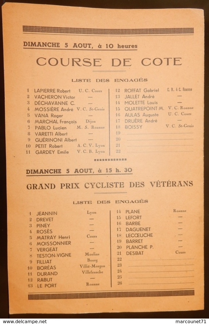 PROGRAMME GRAND PRIX CYCLISTE DE COURS LA VILLE RHONE AOUT 1951 - Programmes