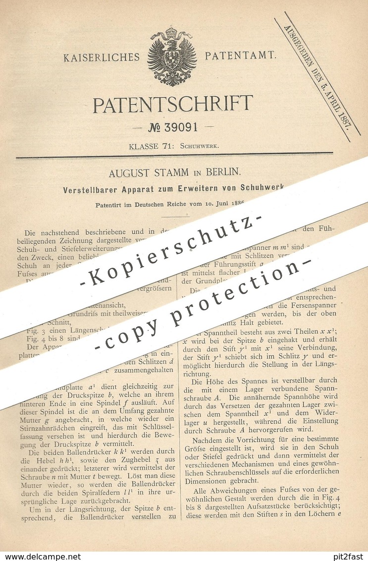 Original Patent - August Stamm , Berlin , 1886 , Apparat Zum Erweitern Von Schuhwerk | Schuhe , Schuster , Schuh !! - Historische Documenten
