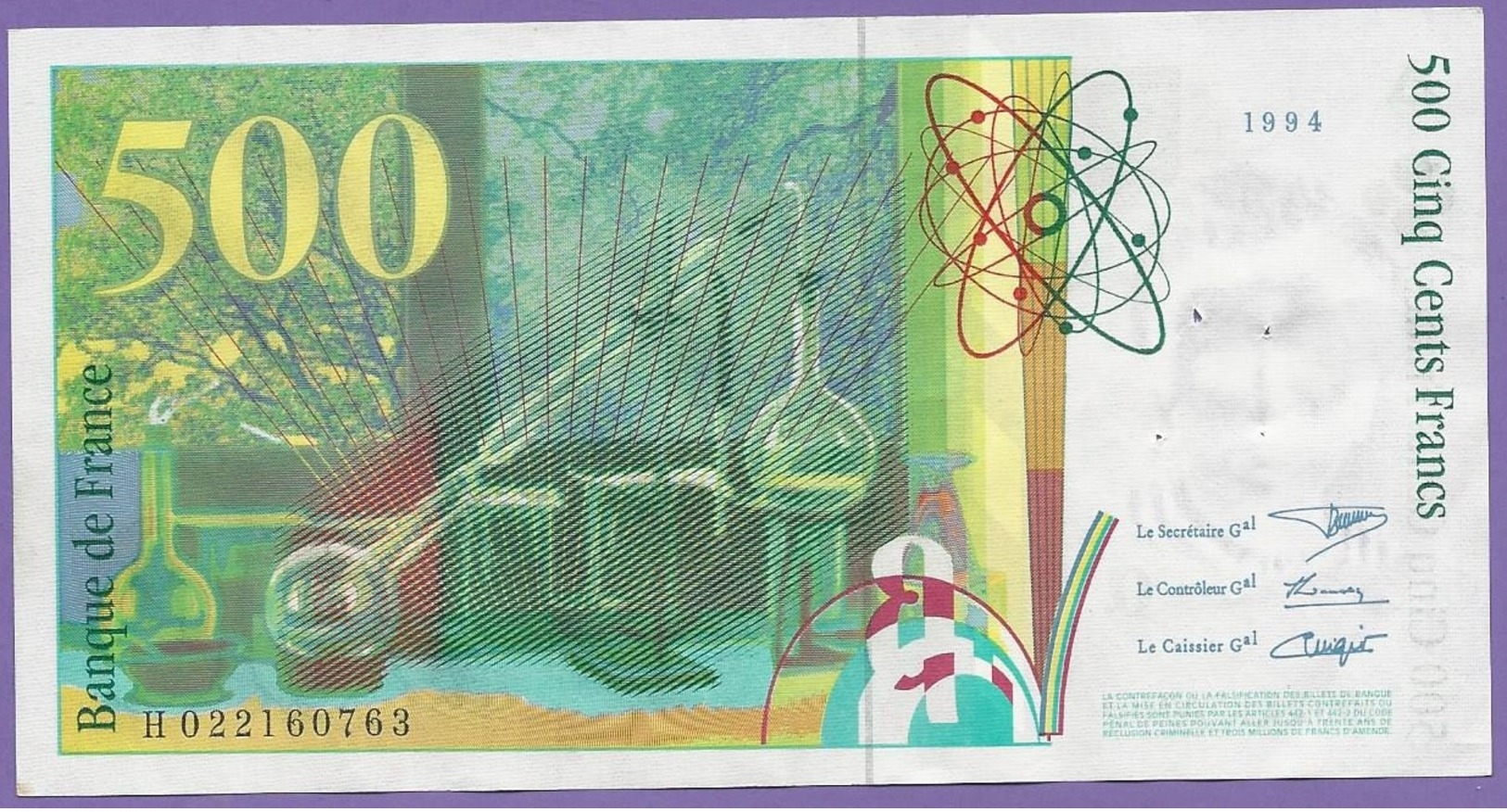 Billet De 500 Francs Pierre Et Marie Cury 1994 .N°H.022160763 Très Craquant Scan - 500 F 1994-2000 ''Pierre Et Marie Curie''