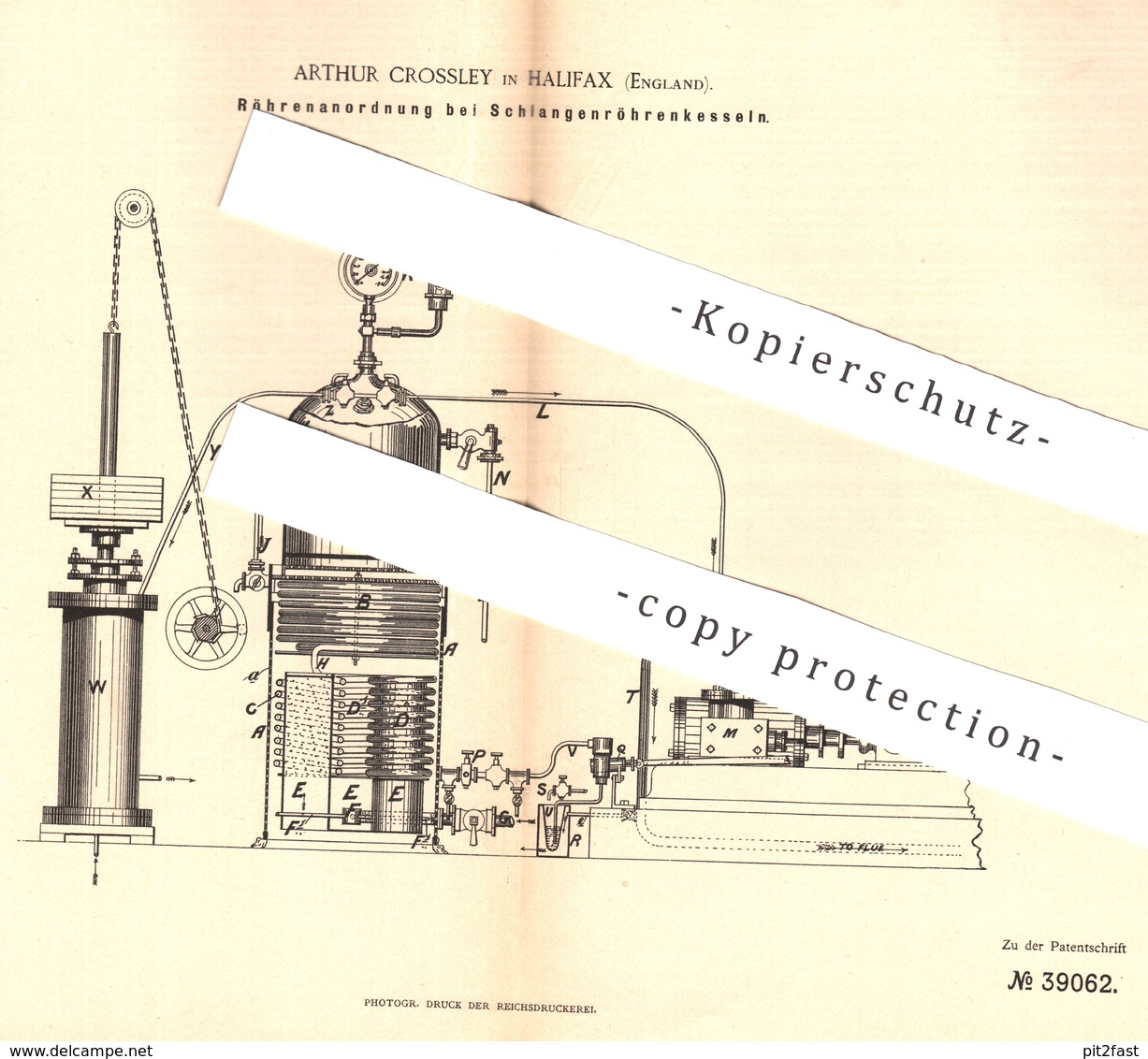 Original Patent - Arthur Crossley , Halifax , England , 1886 , Röhrenanordnung Beim Schlangenröhrenkessel | Damfkessel ! - Documentos Históricos