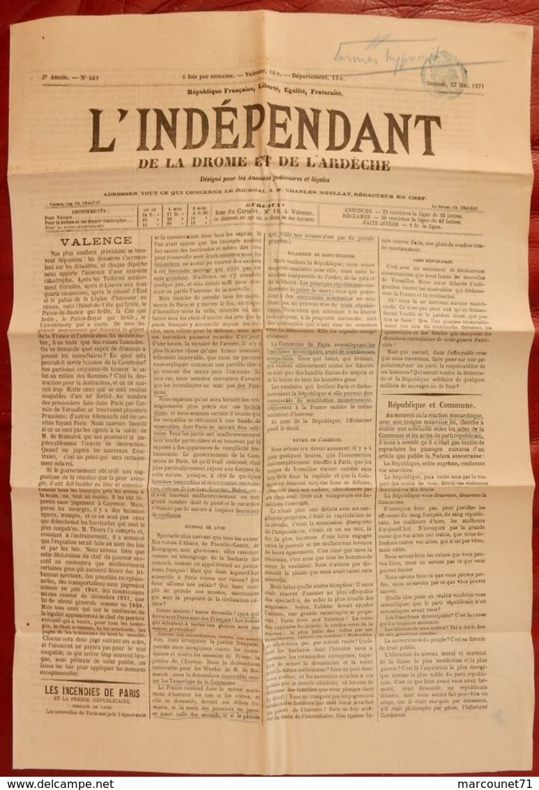 RARE JOURNAL L'INDÉPENDANT DE LA DROME ET DE L’ARDÈCHE MAI 1871 VALENCE INCENDIES A PARIS - 1850 - 1899