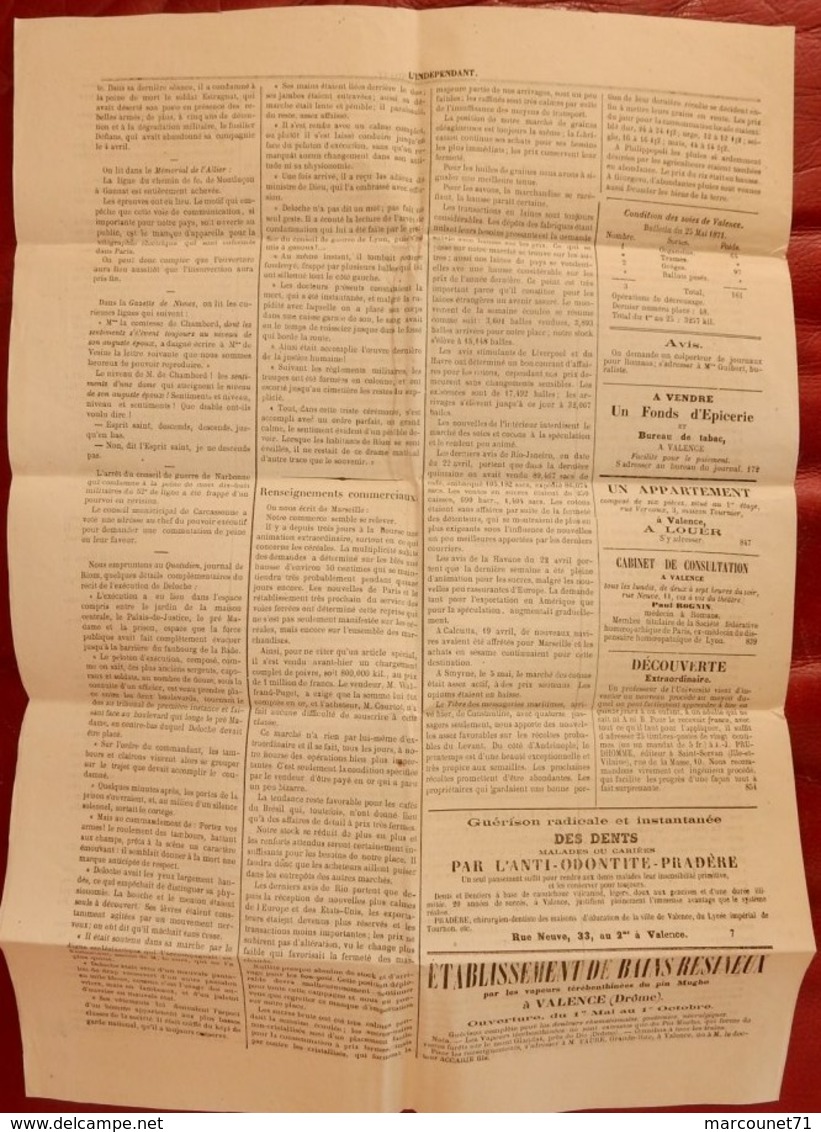 RARE JOURNAL L'INDÉPENDANT DE LA DROME ET DE L’ARDÈCHE MAI 1871 VALENCE INCENDIES A PARIS - 1850 - 1899