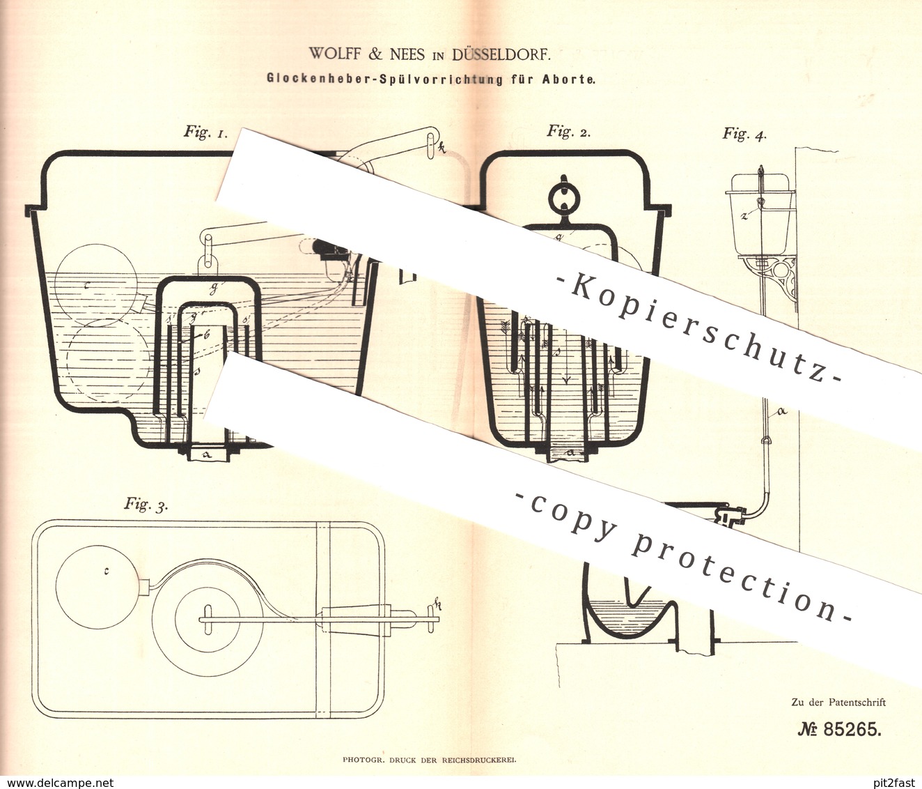 Original Patent - Wolff & Nees , Düsseldorf , 1895 , Glockenheber Spülung Für Abort | WC , Kloset , Toilette , Klempner - Historical Documents