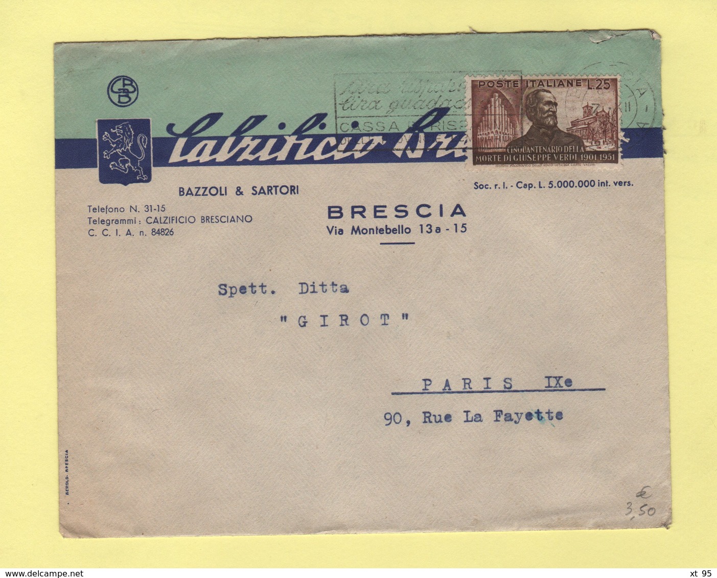 Italie - Brescia - 1951 - Destination France - 1946-60: Marcofilie