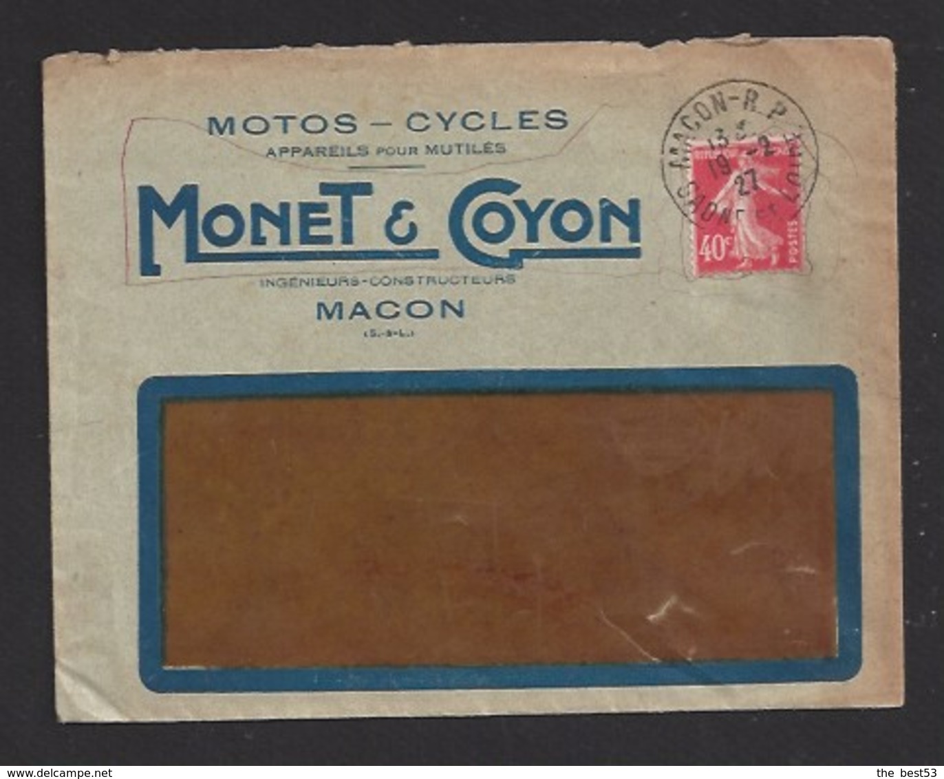 Timbres Sur Lettre 1927  -  Envoyé Par Monet Et Coyon   Motos Cycles  à  Macon  (71) - 1921-1960: Période Moderne