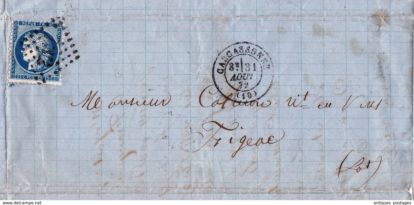 Lettre Puichéric Babou 1872 Aude Carcassonne Figeac Lot Vin Wine - 1871-1875 Cérès