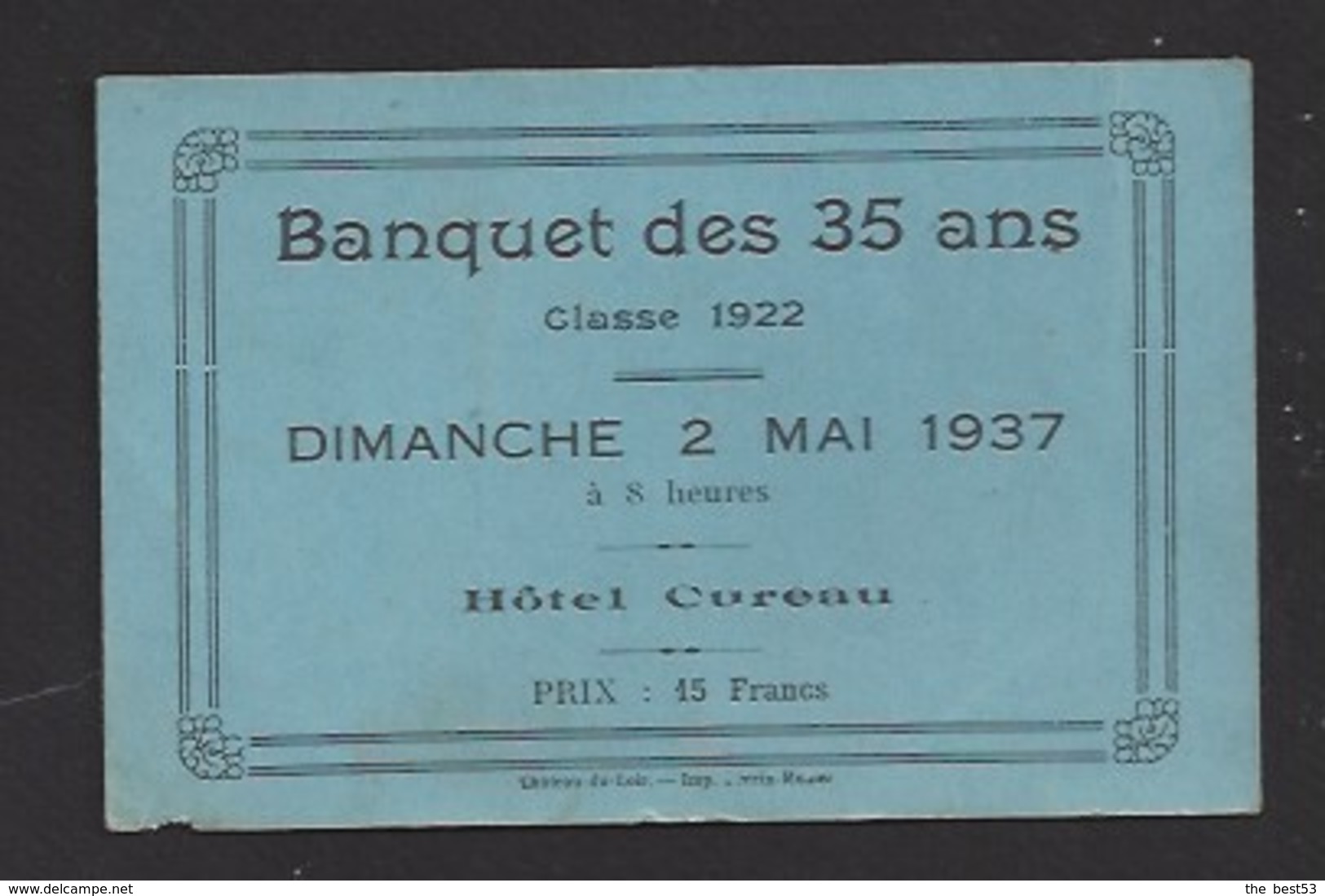 Faire Part Pour Le Banquet Des 35 Ans - Classe 1922 - Le Dimanche 2/05/1937 - Hôtel Cureau à Chateau Du Loir ?...(72) - Autres & Non Classés