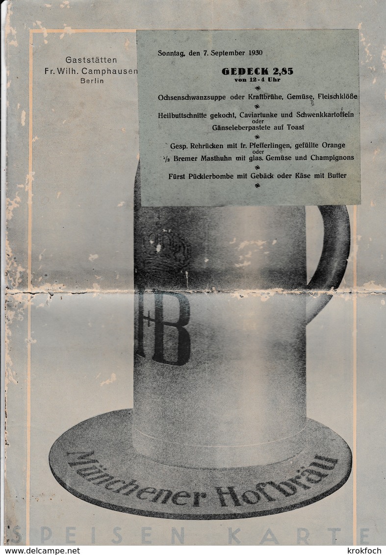 Gaststätten Camphausen Berlin Menü Menu - 07 September 1930 - 8 Seiten - 32 Cm X 22 Cm - Menu