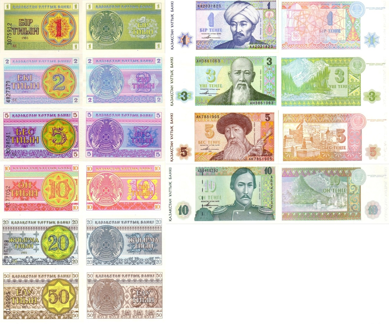 KAZAKHSTAN Set Of 10v 1,2,5,10,20,50 Tiyn 1 , 3 , 5 , 10 Tenge 1993 P 1 - 10 UNC - Kazakhstan