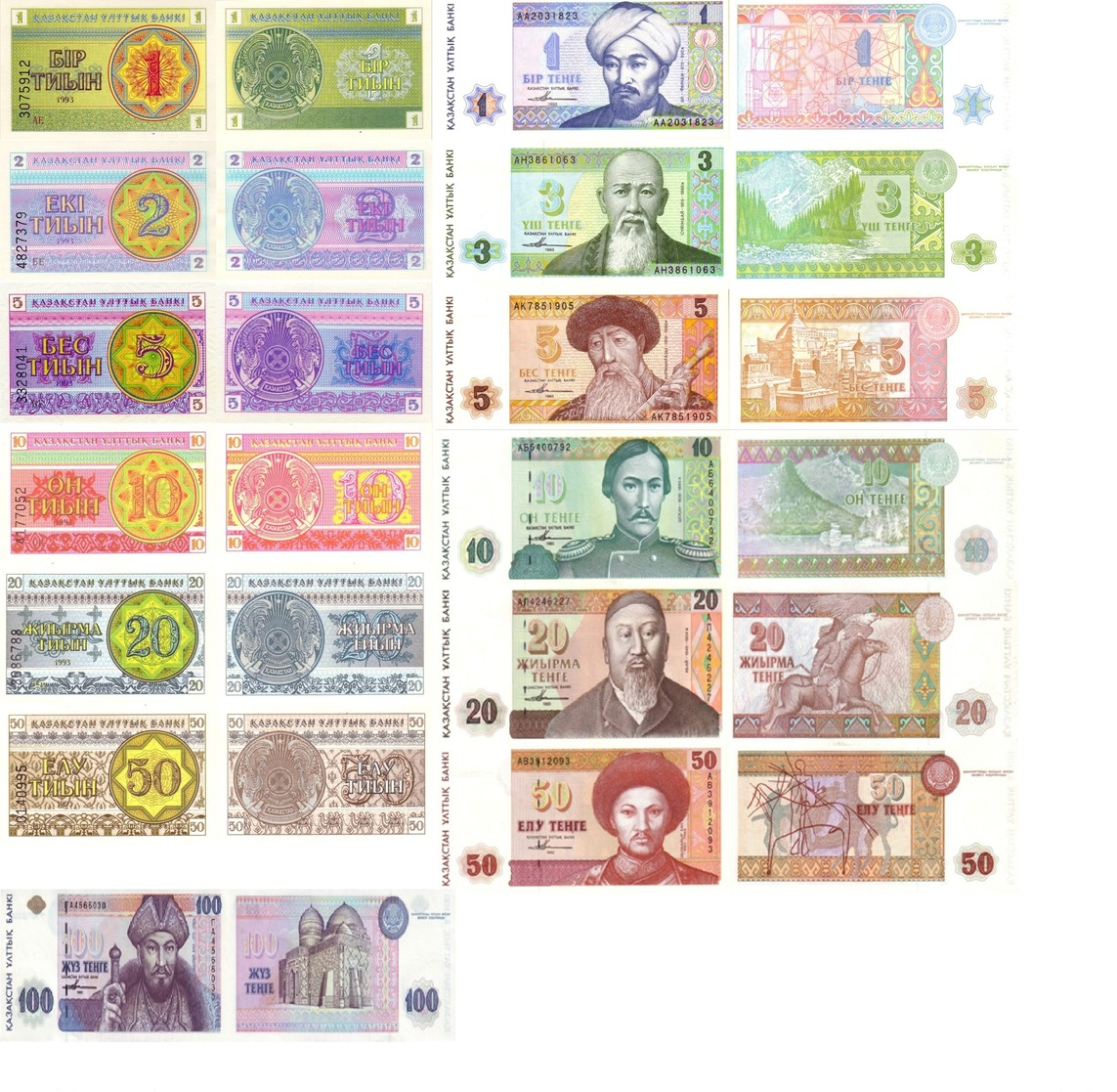 KAZAKHSTAN Set Of 13v 1 2 5 10 20 50 Tiyn 1 3 5 10 20 50 100 Tenge 1993 P 1 - 13b UNC - Kazakhstan