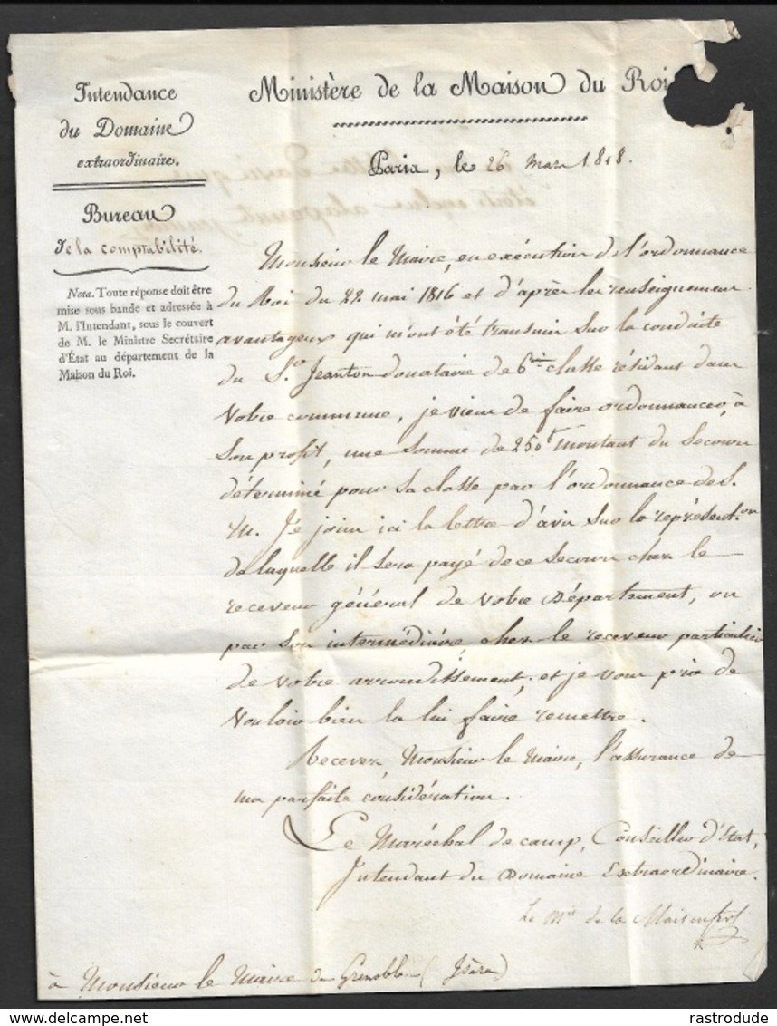 1818 LAC Maison Du Roi - Marques Franchise - Bureaux Special - Vers Grenoble - 1801-1848: Précurseurs XIX