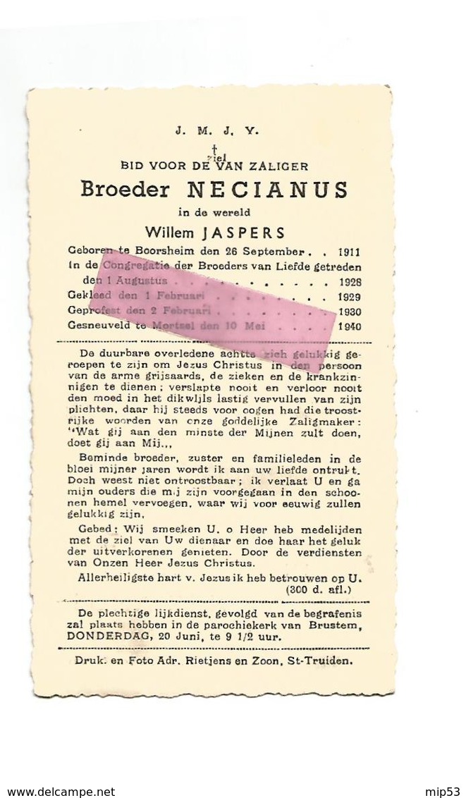 WO 15. Broeder NECIANUS (W. JASPERS) - °BOORSHEIM 1911 / Gesneuveld Te MORTSEL 1940 - Images Religieuses