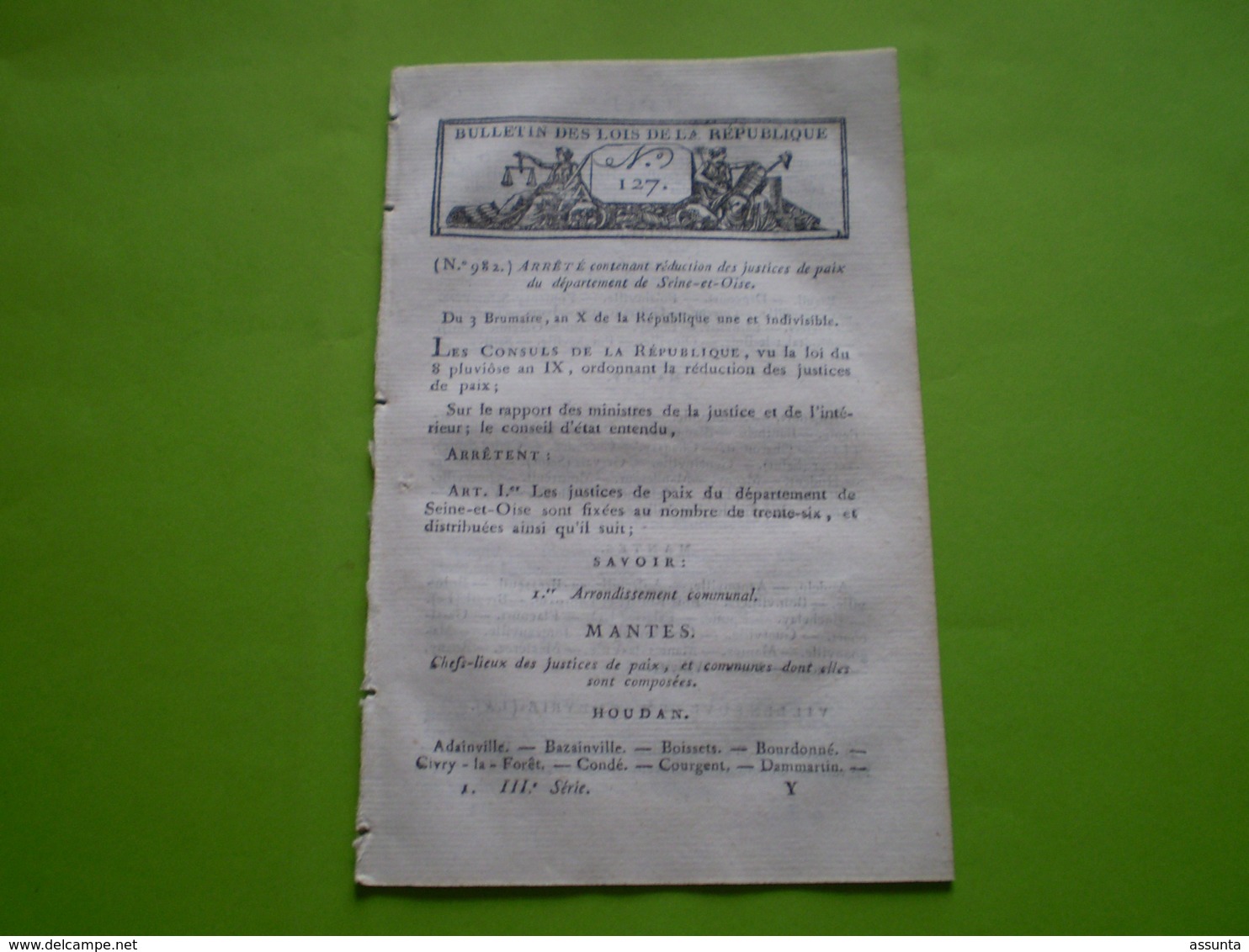 Bulletin Des Lois An X: Bonaparte 1er Consul: Justices De Paix De Seine Et Oise & Lozère Par Arrondissement & Commune - Gesetze & Erlasse