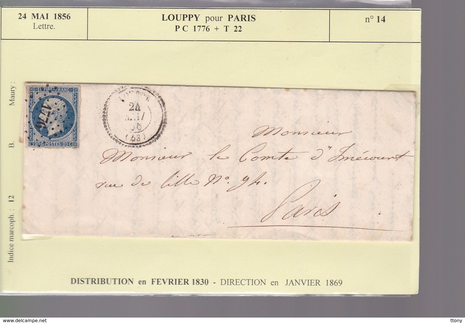 Lettre Mai 1856  Louppy Pour Paris  P C 1776 + T 22  Timbre N°14   Indice Marcophilie 12 - 1849-1876: Klassik