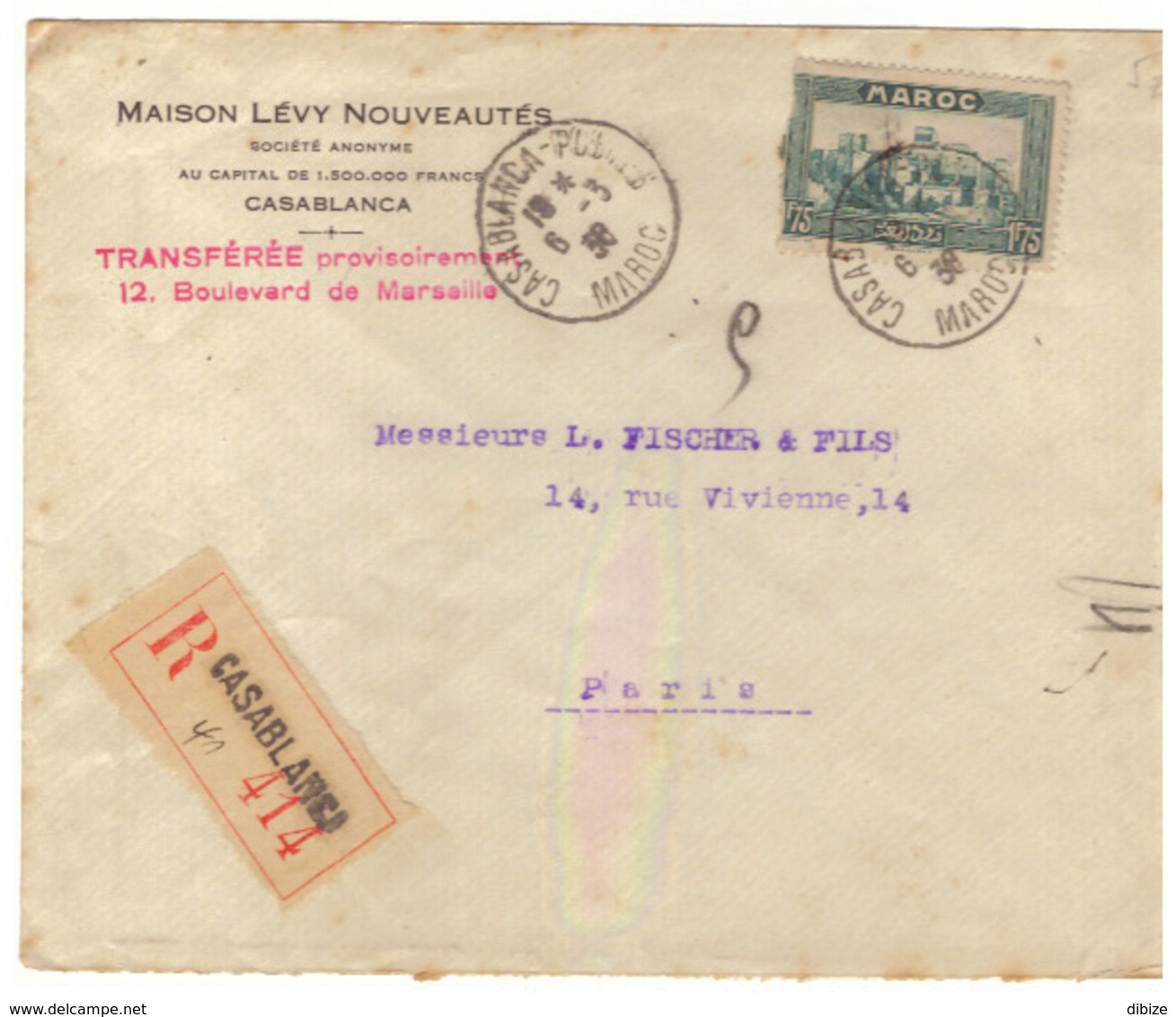 Lettre Commerciale Maroc Vers France 1938. Timbre. Cachets Maroc Casablanca. Recommandé. - Covers & Documents