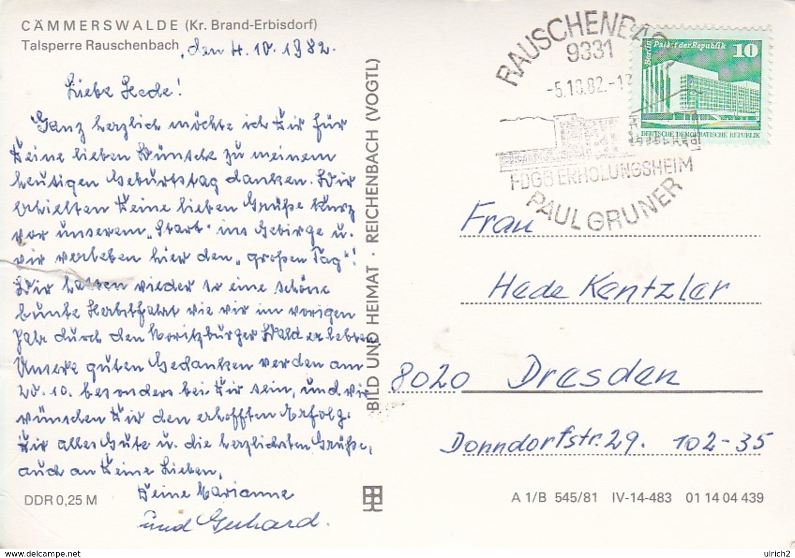 AK Cämmerswalde - Talsperre Rauschenbach - Stempel FDGB-Erholungsheim Paul Gruner - 1982 (37631) - Neuhausen (Erzgeb.)