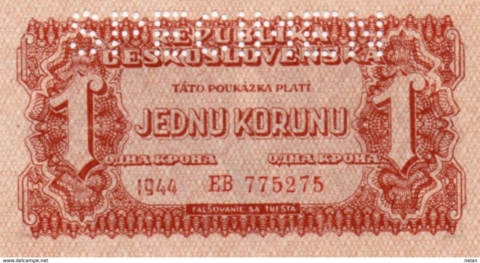 CECOSLOVACCHIA 1 KORUNU 1944 P-45s UNC SPECIMEN - Tchécoslovaquie