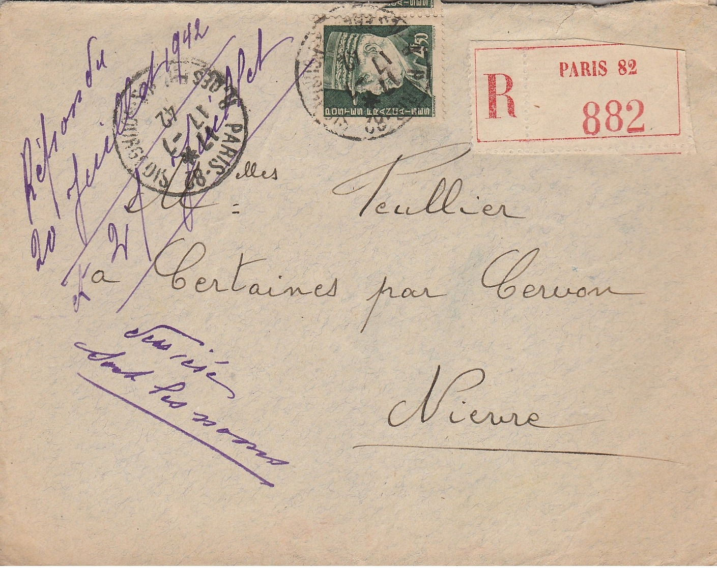 LSC 1942 - Recommandé Et Cachet PARIS 82 Sur YT 523 Seul Sur Lettre  - Au Dos Cachet CERVON (Nièvre) - 1921-1960: Modern Period