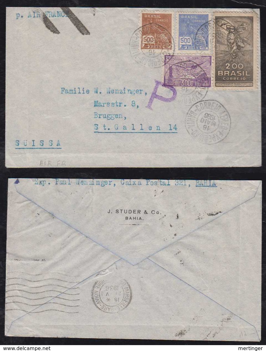 Brazil Brasil 1936 AIR FRANCE Censor Airmail Cover BAHIA To ST GALLEN Switzerland - Storia Postale