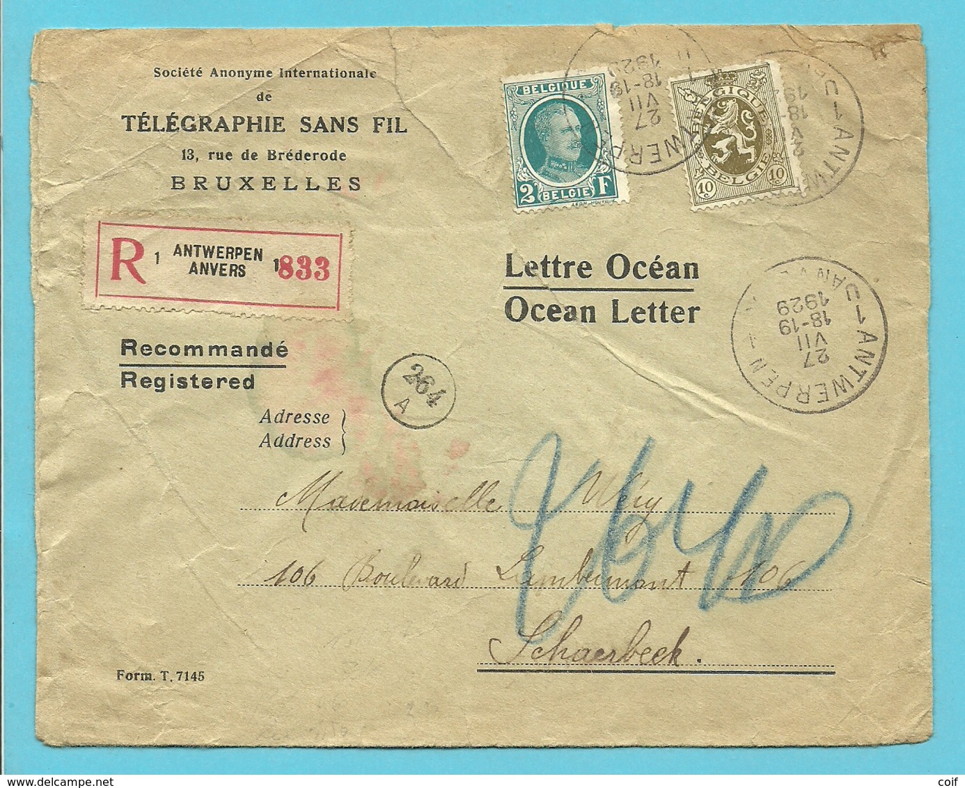 208+280  Op LETTRE OCEAN / OCEAN LETTER Aangetekend Stempel ANTWERPEN - 1922-1927 Houyoux