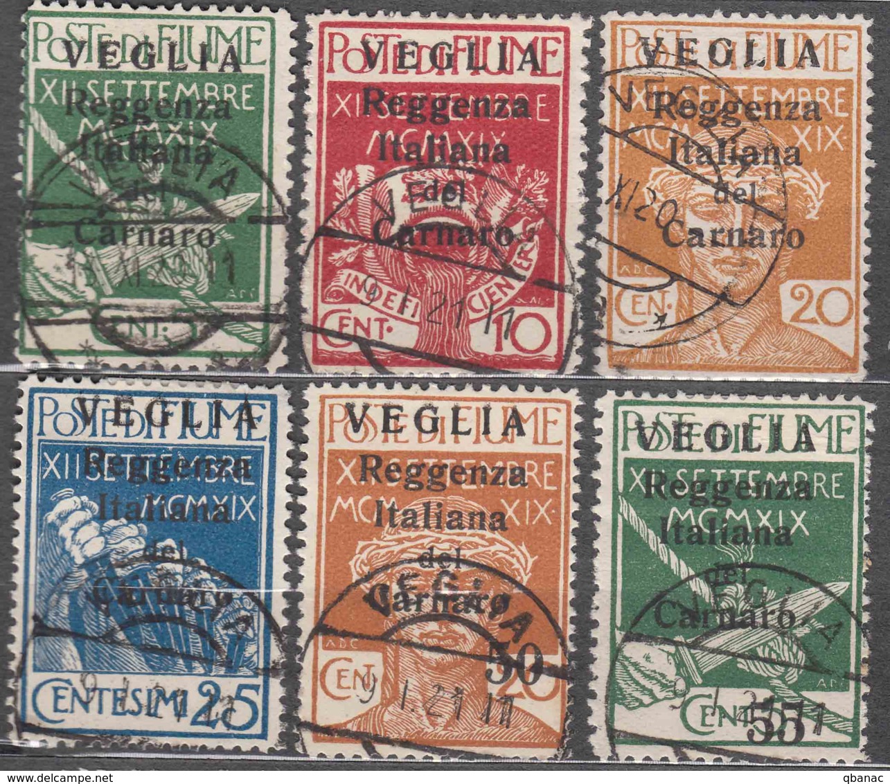Fiume 1920 Carnaro Islands - Veglia (Krk) Mi#28-33 II Sassone#5-10 Small Letter Overprint, Caratteri Piccoli, Used - Arbe & Veglia