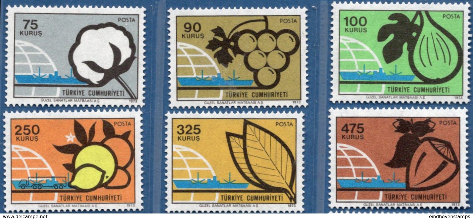 Turkey 1973 Agriculture Products For Export 6 Val MNH Cotton, Grapes, Figs, Citrus, Tobacco, Hazelnut, Citruses T73-19 - Agriculture