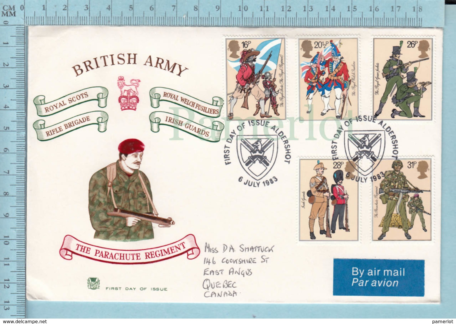 Illustrated Envelope, England FDC 1983 - The Parachute Regiment - British Army - Military -> To East Angus Quebec Canada - Militaria