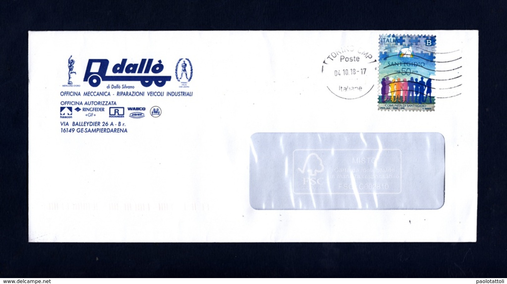 Italy, Italia Repubblica. 2018- Comunità Di Sant'Egidio. Isolato Su Busta, Annullato Torino 4-10-18. - 2011-20: Storia Postale