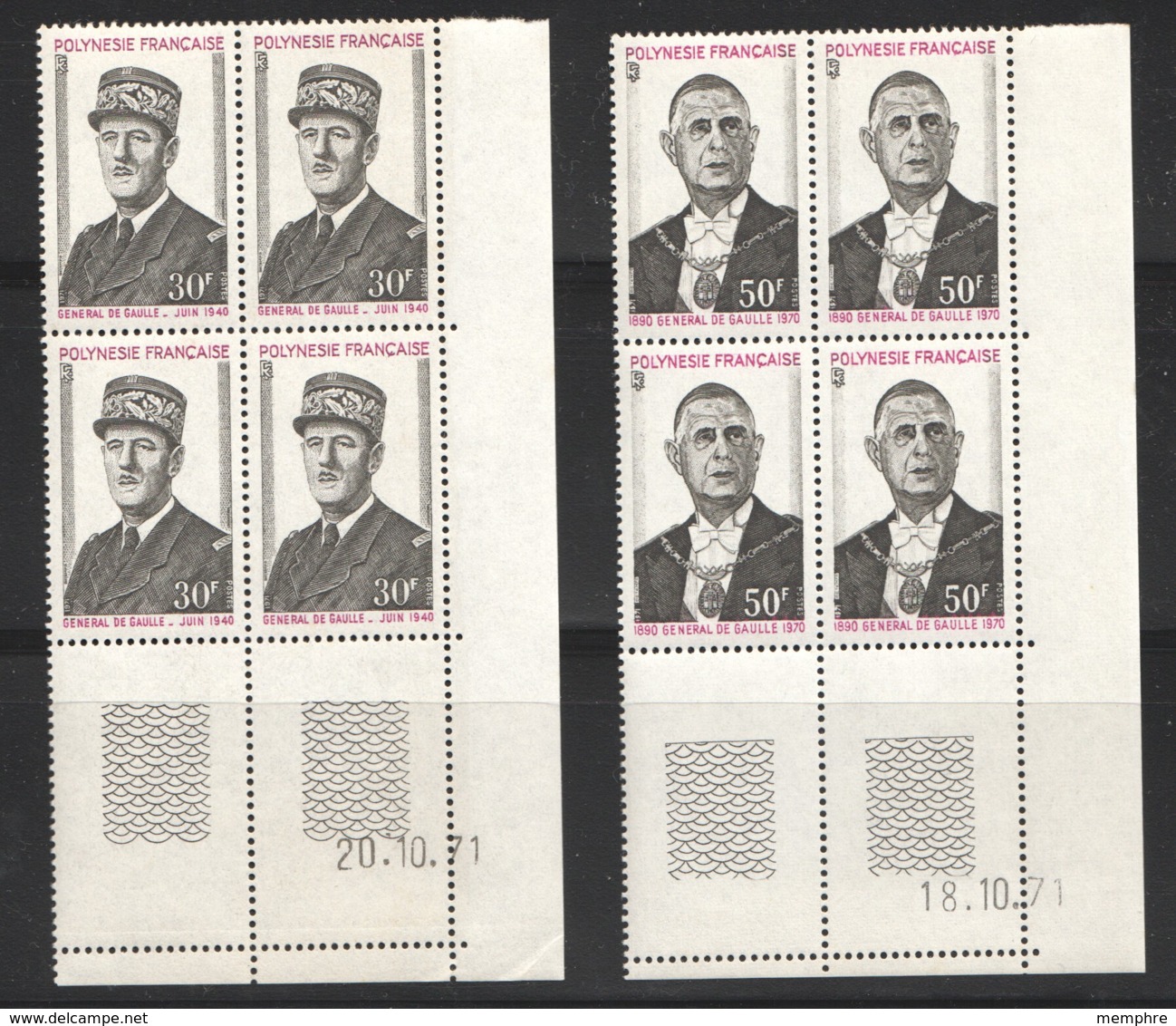 1971  Polynésie Française  Anniv. De La Mort Du Général De Gaulle Coins Datés ** MNH - Unused Stamps